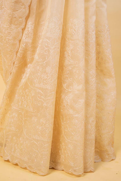Beige Cotton Kota Designer Embroidery Premium Banarasi Saree
