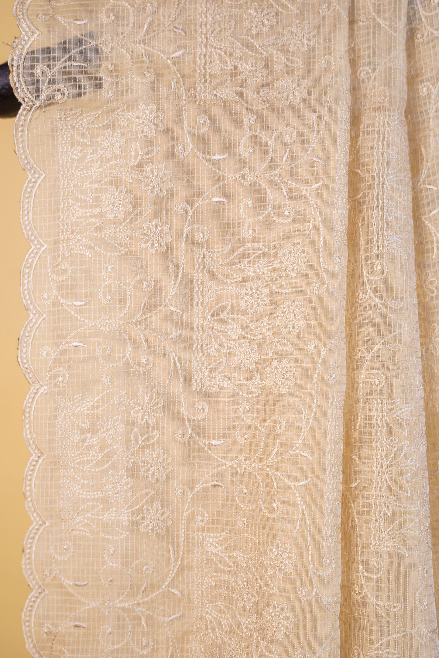 Beige Cotton Kota Designer Embroidery Premium Banarasi Saree