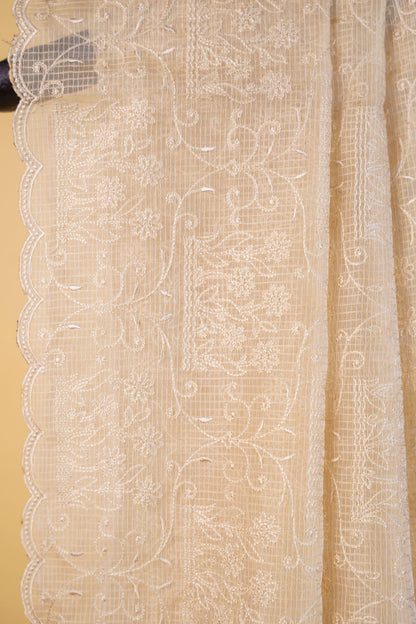 Beige Cotton Kota Designer Embroidery Premium Banarasi Saree