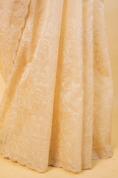 Beige Cotton Kota Designer Embroidery Premium Banarasi Saree