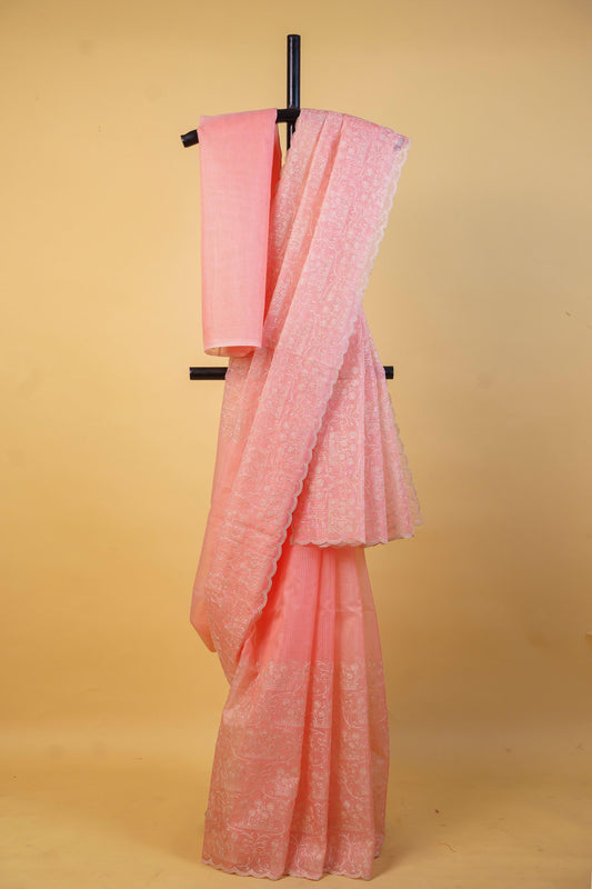 Peach Cotton Kota Designer Embroidery Premium Banarasi Saree
