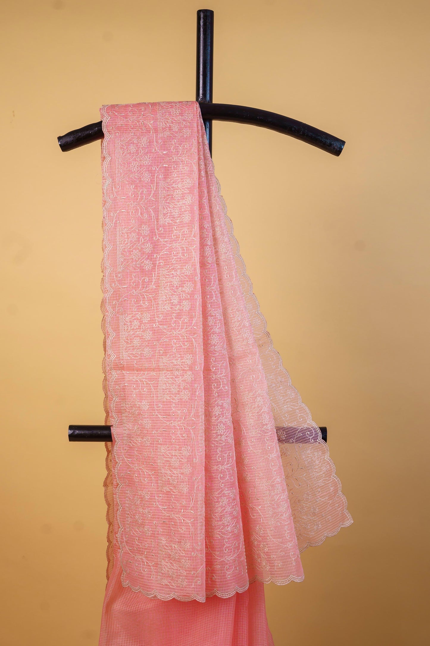 Peach Cotton Kota Designer Embroidery Premium Banarasi Saree
