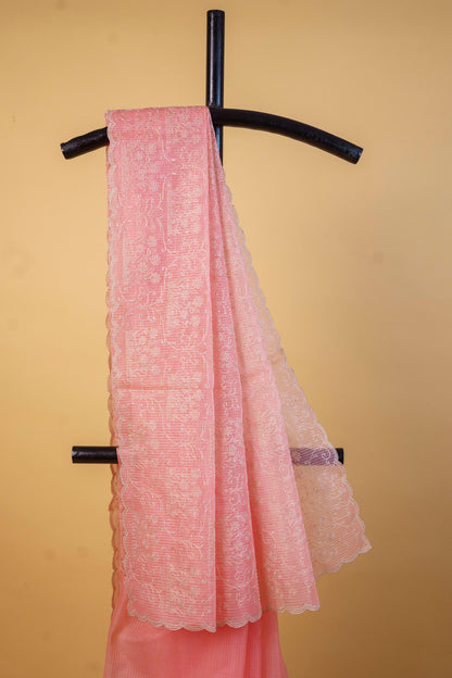 Peach Cotton Kota Designer Embroidery Premium Banarasi Saree