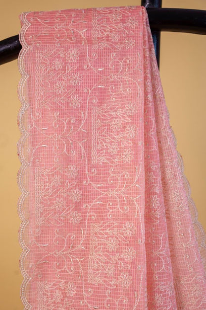 Peach Cotton Kota Designer Embroidery Premium Banarasi Saree