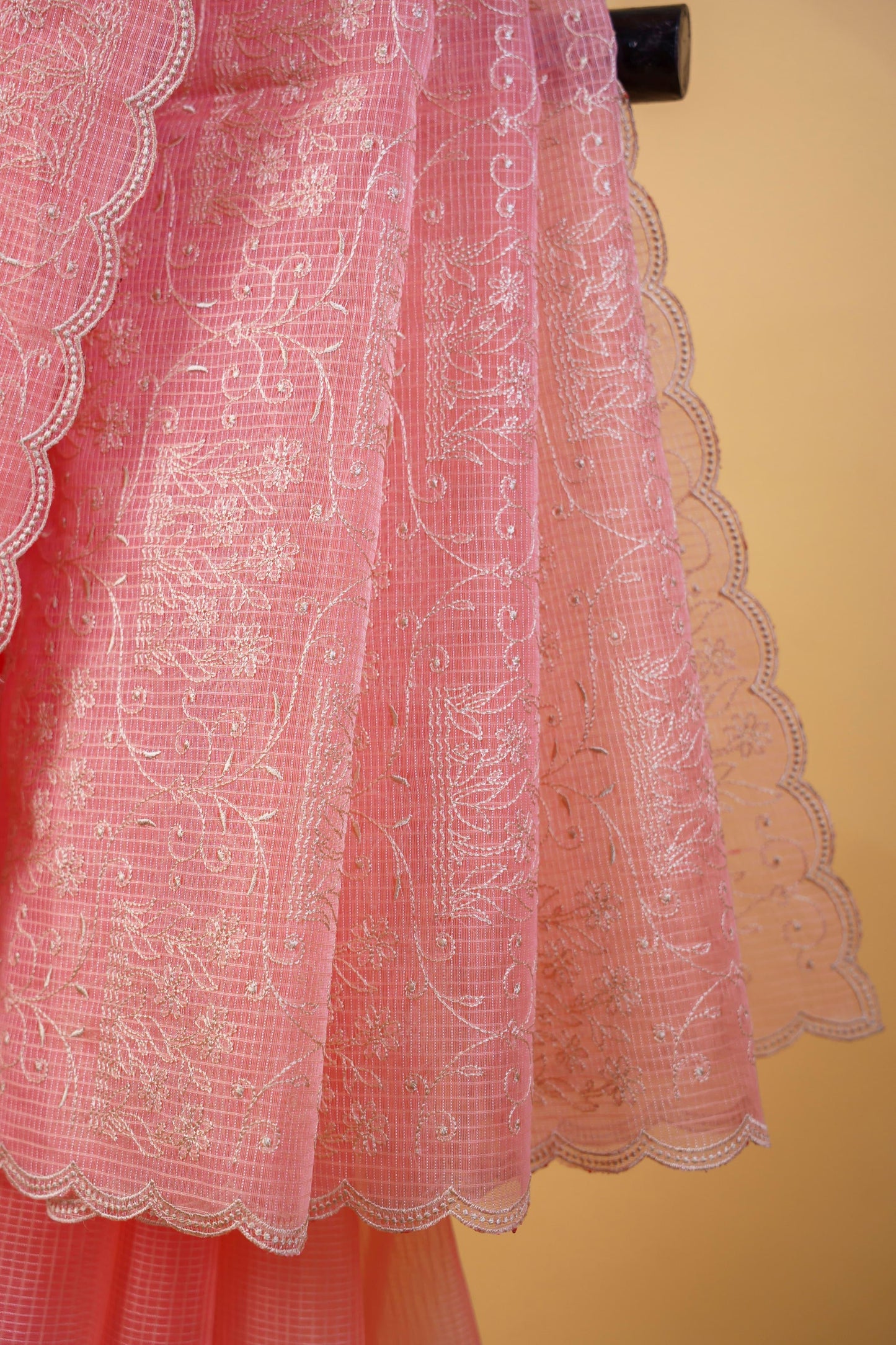 Peach Cotton Kota Designer Embroidery Premium Banarasi Saree