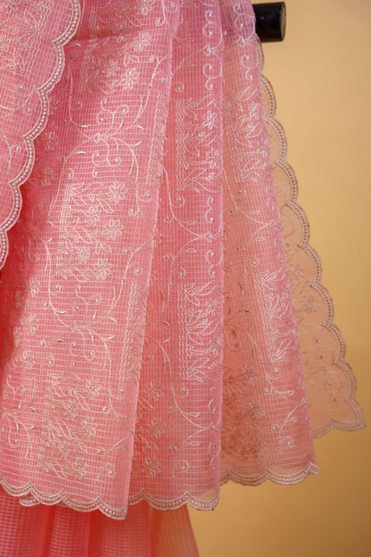 Peach Cotton Kota Designer Embroidery Premium Banarasi Saree