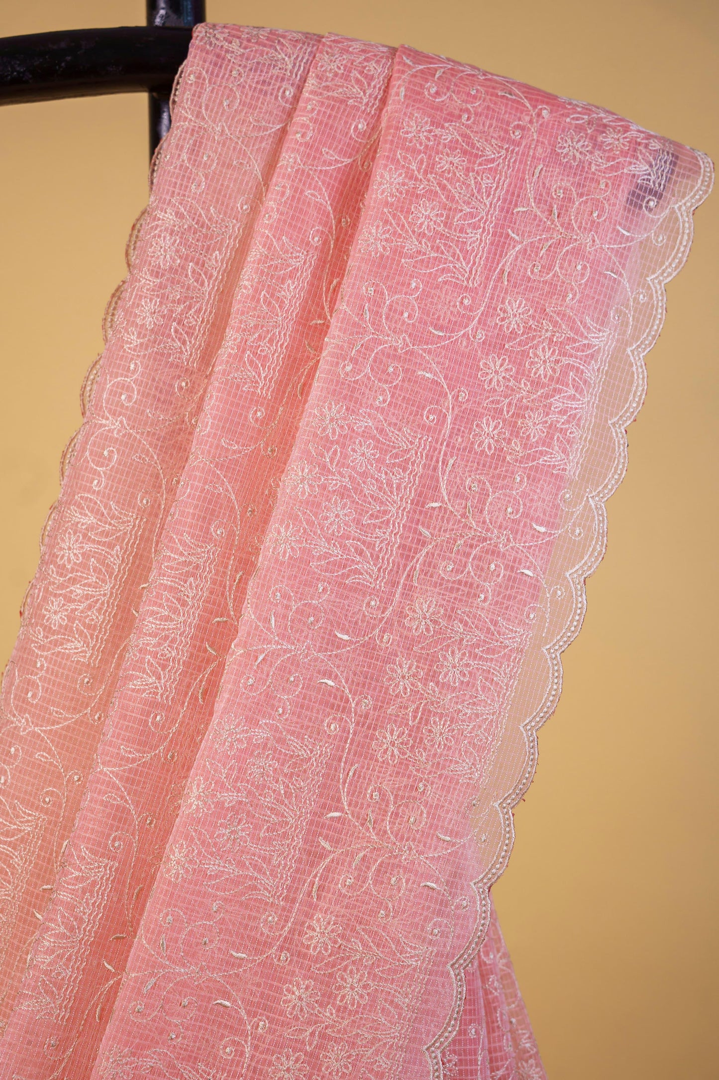 Peach Cotton Kota Designer Embroidery Premium Banarasi Saree