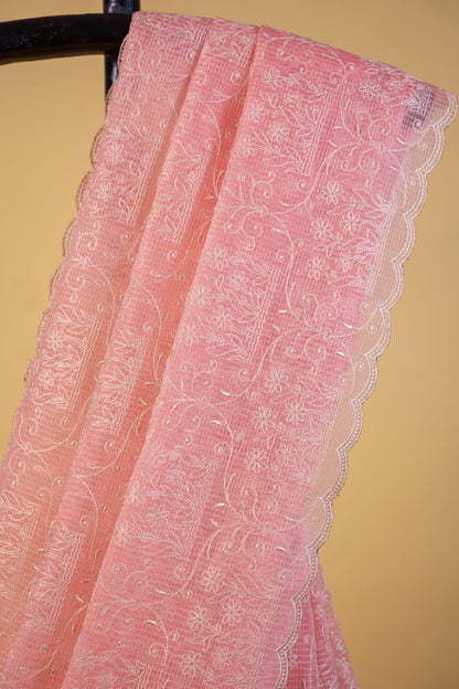 Peach Cotton Kota Designer Embroidery Premium Banarasi Saree