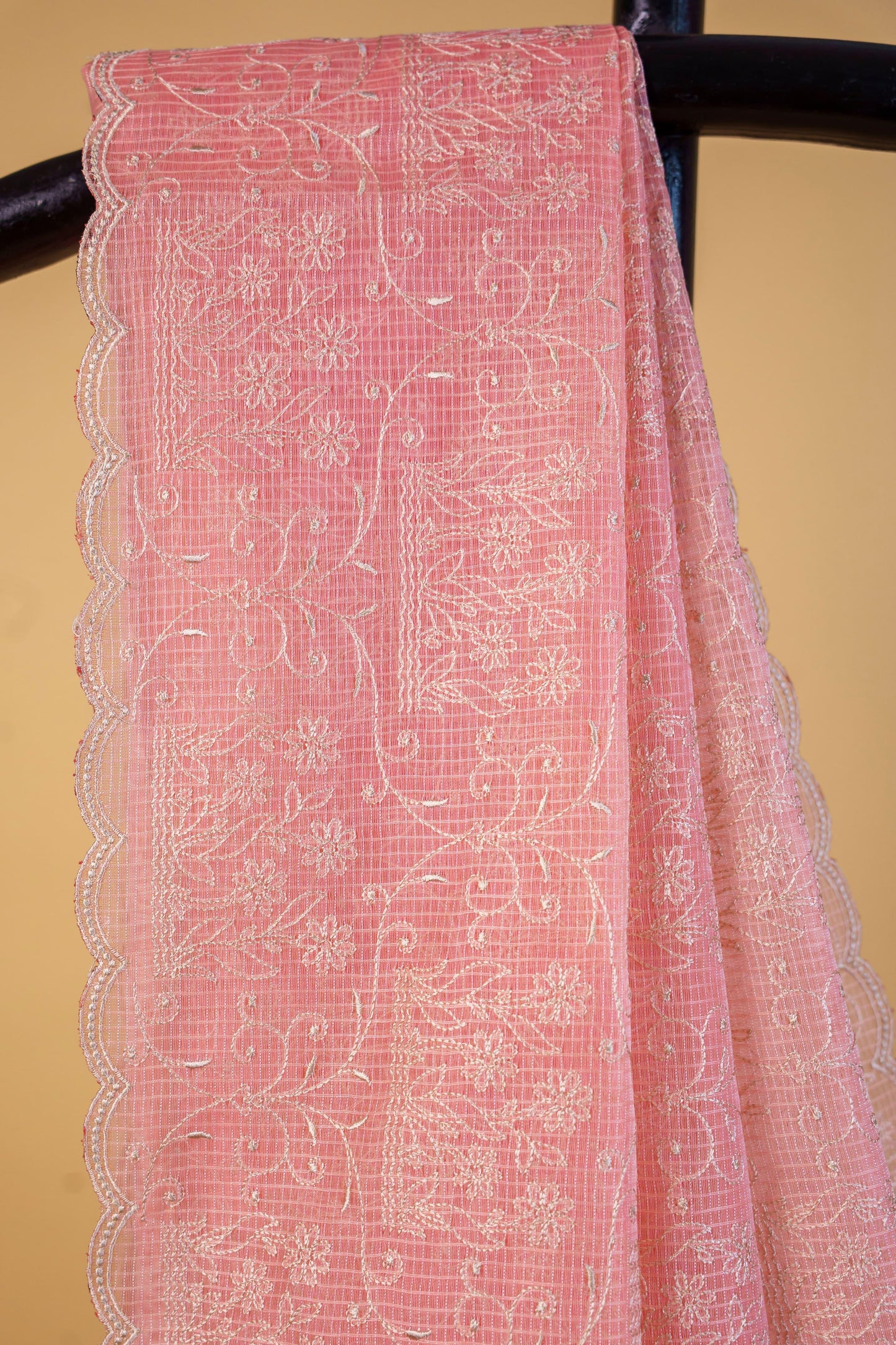 Peach Cotton Kota Designer Embroidery Premium Banarasi Saree