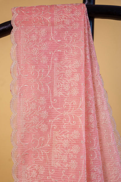 Peach Cotton Kota Designer Embroidery Premium Banarasi Saree