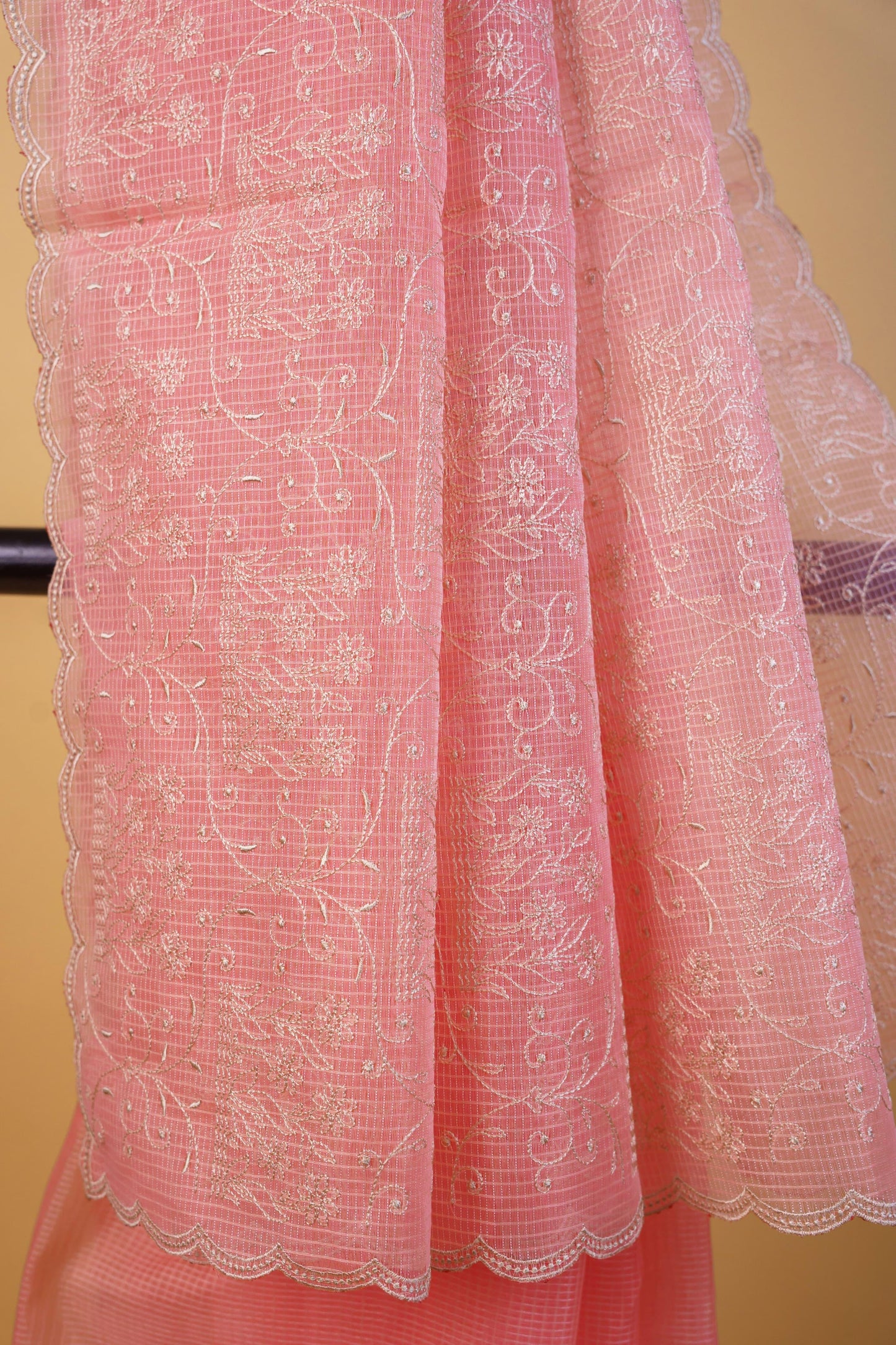 Peach Cotton Kota Designer Embroidery Premium Banarasi Saree