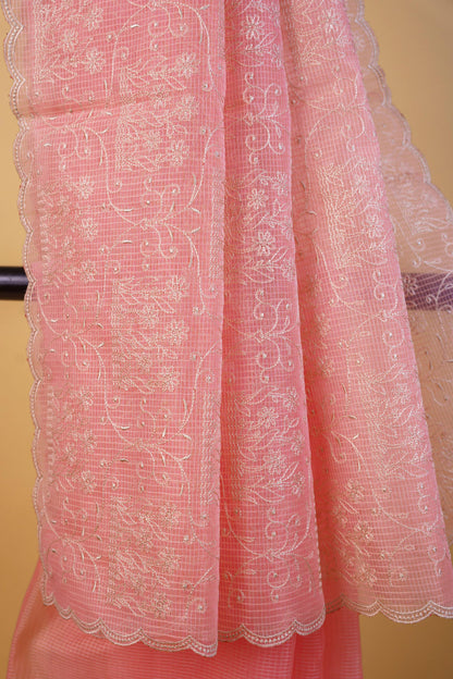 Peach Cotton Kota Designer Embroidery Premium Banarasi Saree
