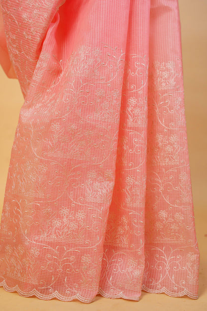 Peach Cotton Kota Designer Embroidery Premium Banarasi Saree