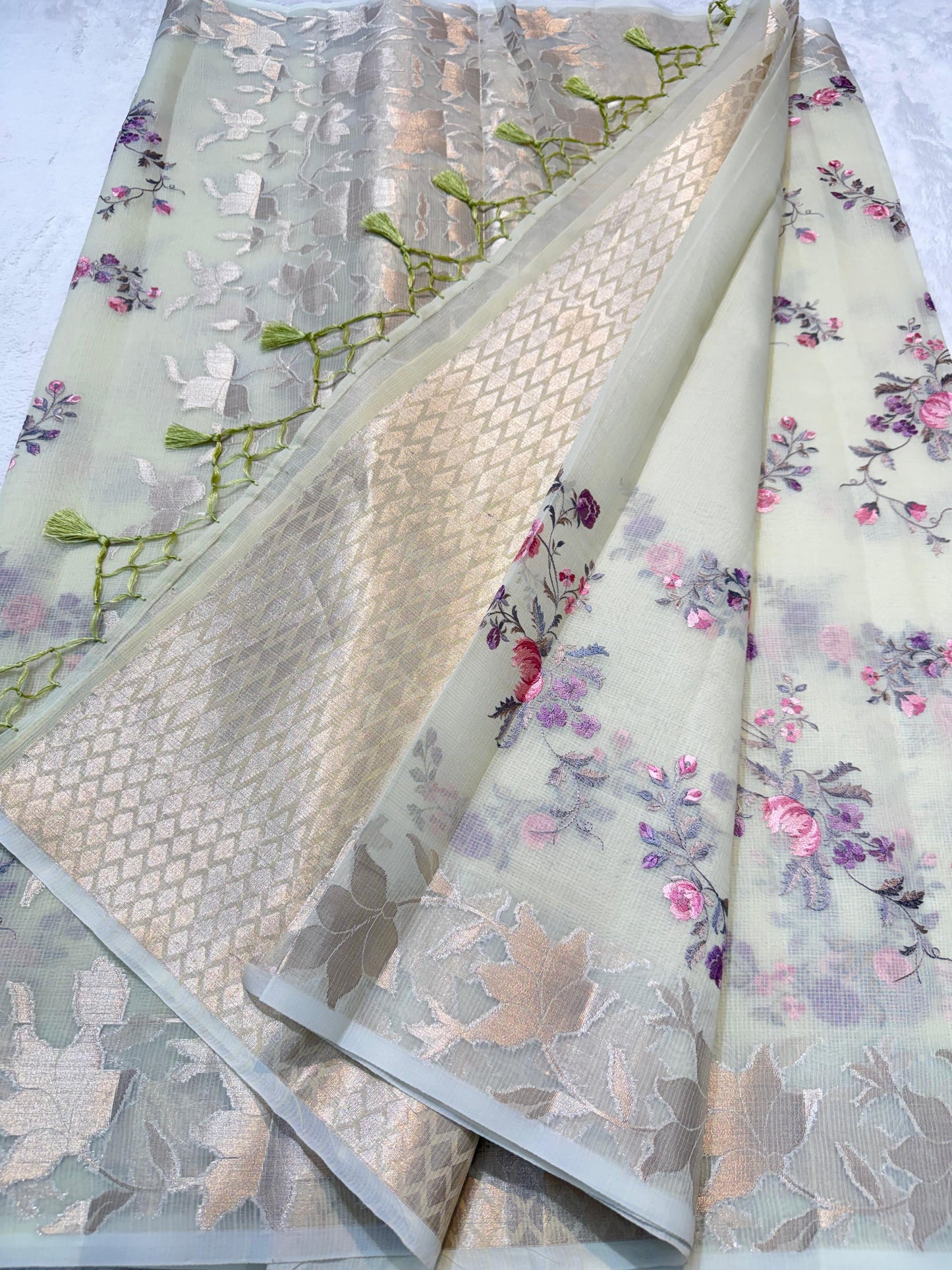 Green Cotton Kota Designer Embroidery Premium Banarasi Saree