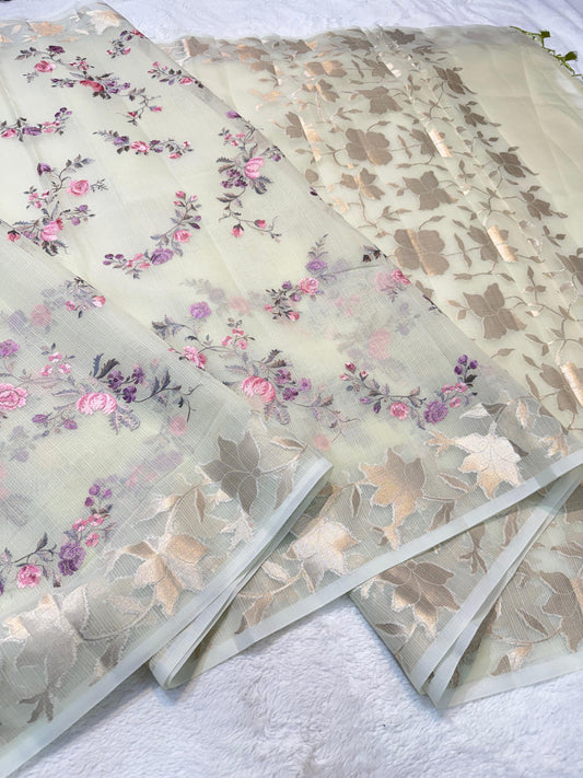 Green Cotton Kota Designer Embroidery Premium Banarasi Saree