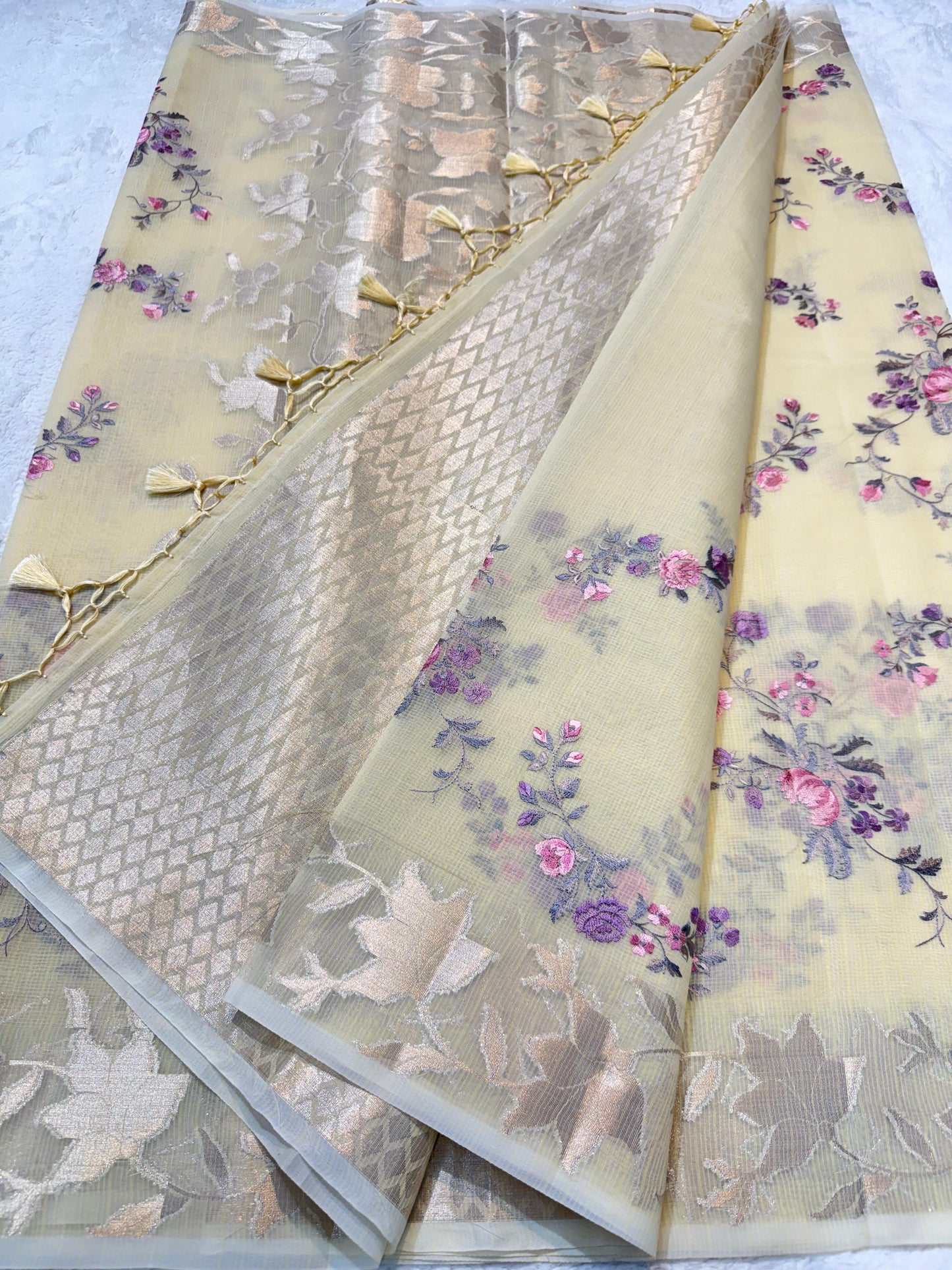 Yellow Cotton Kota Designer Embroidery Premium Banarasi Saree