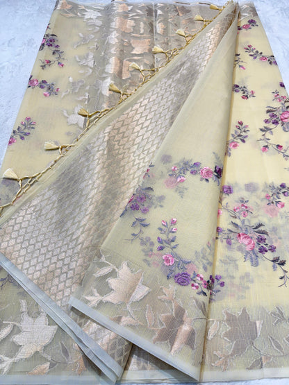 Yellow Cotton Kota Designer Embroidery Premium Banarasi Saree