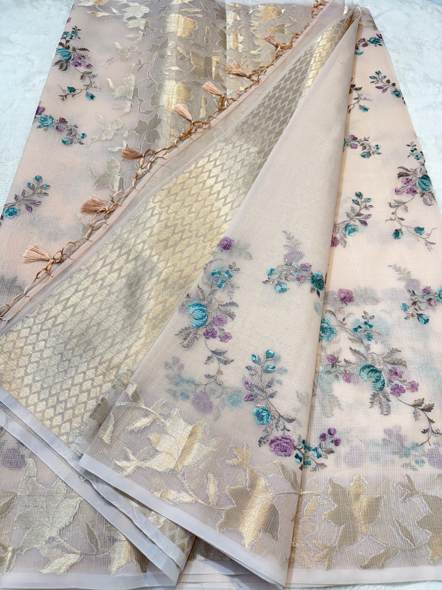 Pink Cotton Kota Designer Embroidery Premium Banarasi Saree