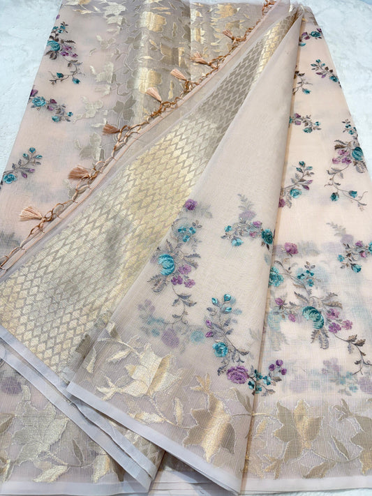 Pink Cotton Kota Designer Embroidery Premium Banarasi Saree