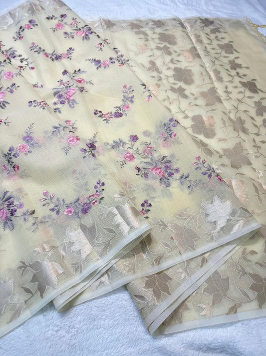 Yellow Cotton Kota Designer Embroidery Premium Banarasi Saree