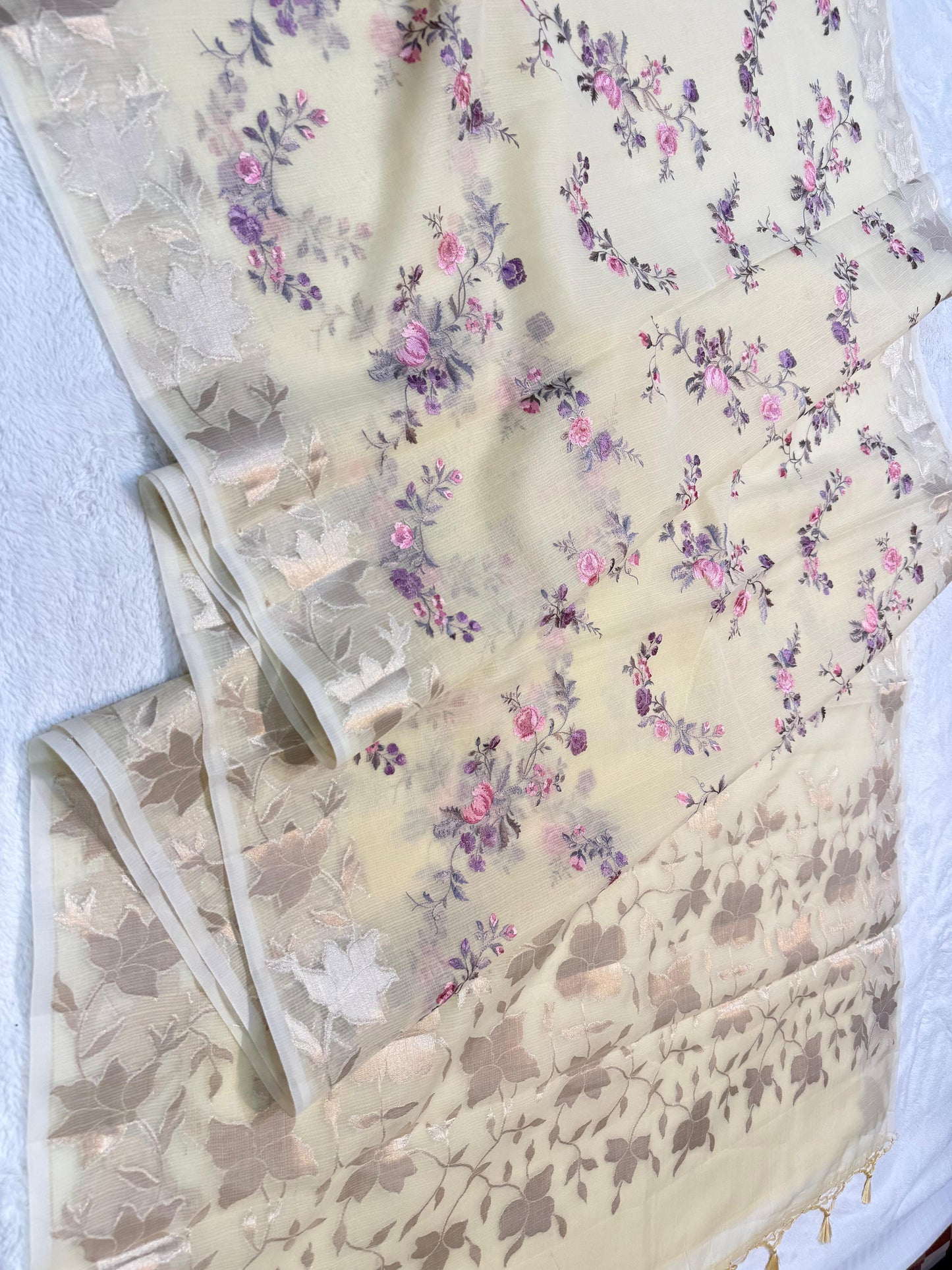 Yellow Cotton Kota Designer Embroidery Premium Banarasi Saree