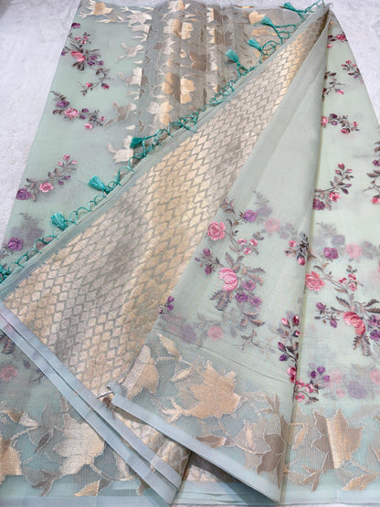 Pista Green Cotton Kota Designer Embroidery Premium Banarasi Saree