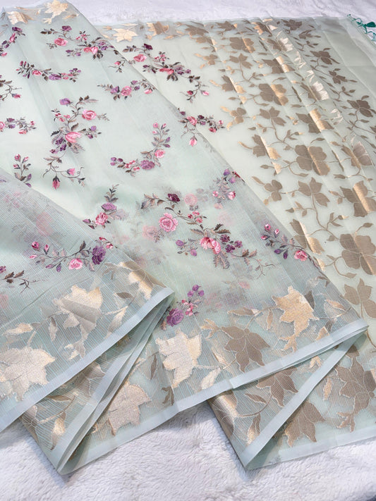 Pista Green Cotton Kota Designer Embroidery Premium Banarasi Saree