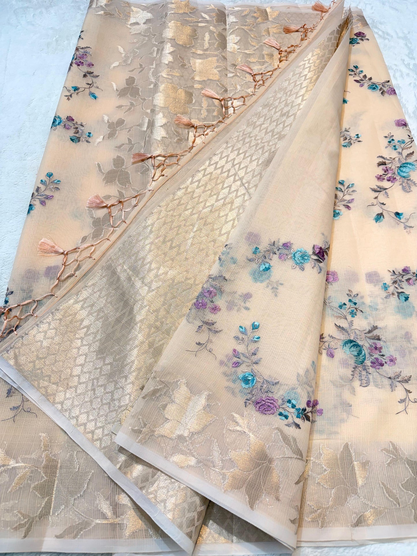 Peach Cotton Kota Designer Embroidery Premium Banarasi Saree