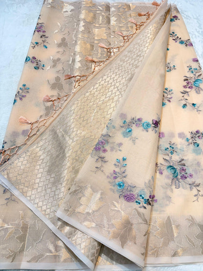 Peach Cotton Kota Designer Embroidery Premium Banarasi Saree
