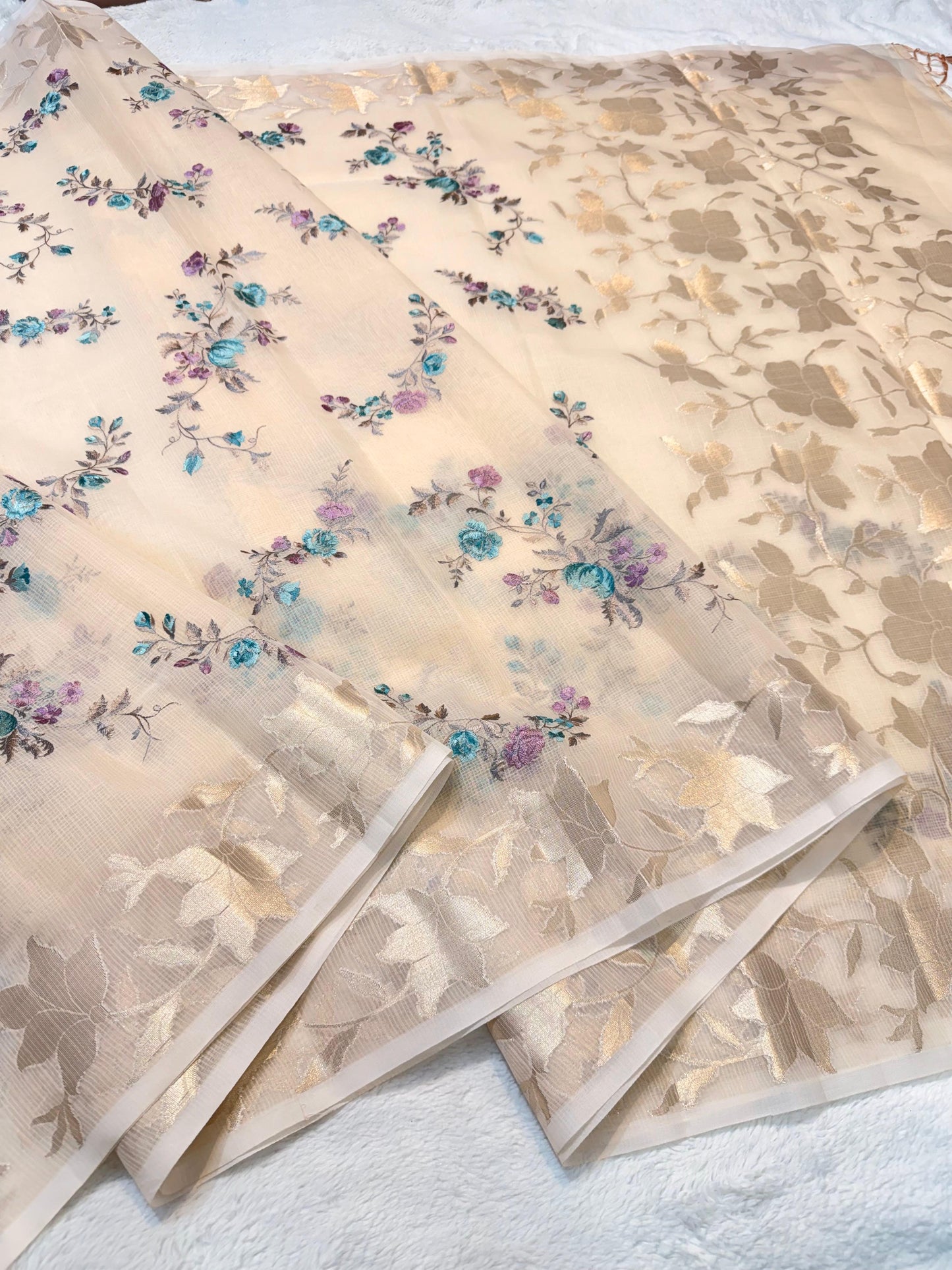 Peach Cotton Kota Designer Embroidery Premium Banarasi Saree