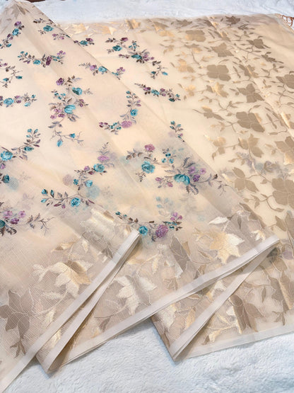 Peach Cotton Kota Designer Embroidery Premium Banarasi Saree