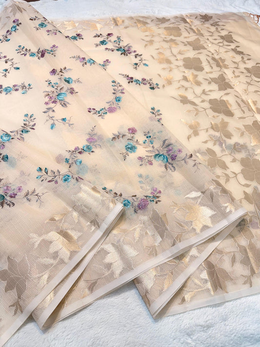 Peach Cotton Kota Designer Embroidery Premium Banarasi Saree