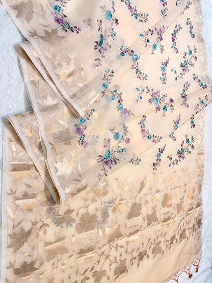 Peach Cotton Kota Designer Embroidery Premium Banarasi Saree