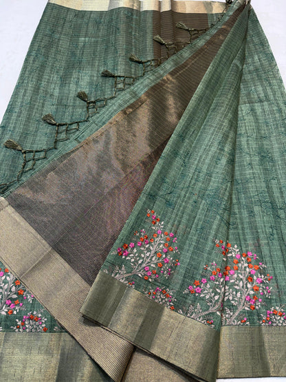Green Khadi Designer Embroidery Premium Banarasi Saree