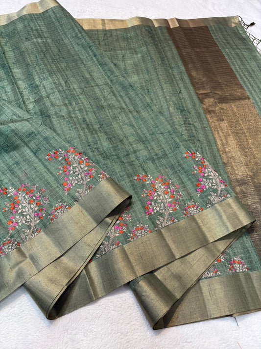 Green Khadi Designer Embroidery Premium Banarasi Saree