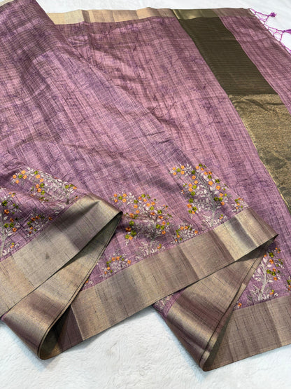 Lovender Khadi Designer Embroidery Premium Banarasi Saree