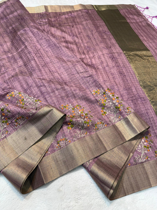 Lovender Khadi Designer Embroidery Premium Banarasi Saree