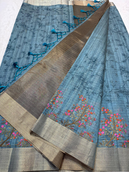 Blue Khadi Designer Embroidery Premium Banarasi Saree