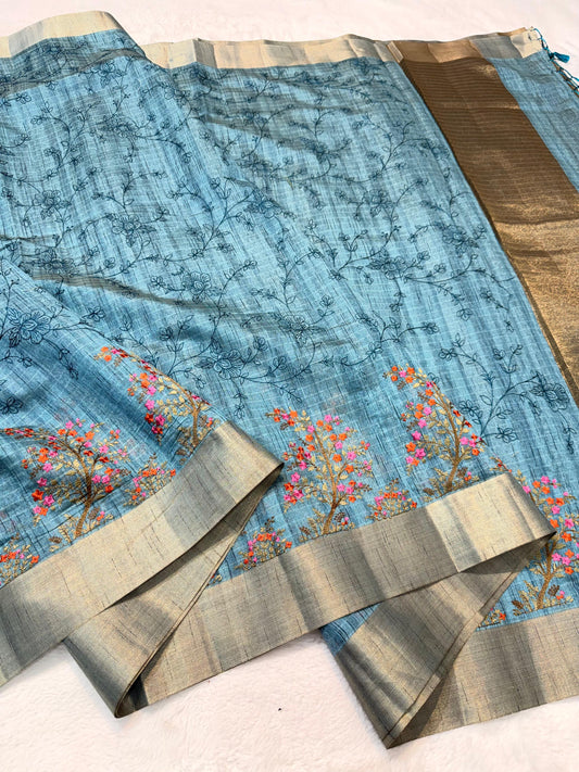 Blue Khadi Designer Embroidery Premium Banarasi Saree