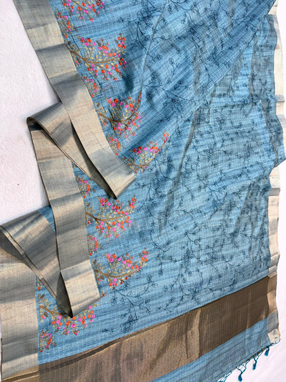 Blue Khadi Designer Embroidery Premium Banarasi Saree