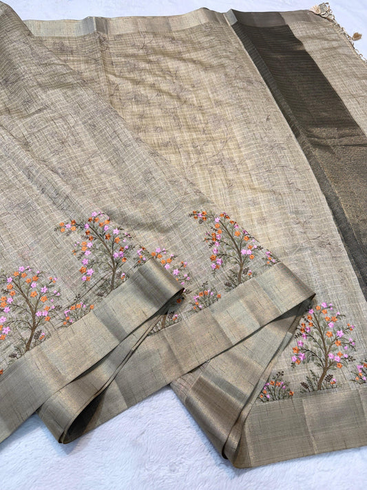 Gold Khadi Designer Embroidery Premium Banarasi Saree