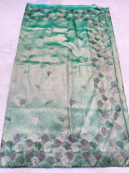 See Green Tissue Designer Embroidery Premium Banarasi Saree