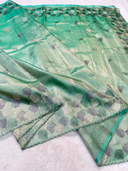 See Green Tissue Designer Embroidery Premium Banarasi Saree