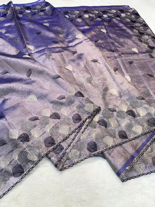 Blue Tissue Designer Embroidery Premium Banarasi Saree