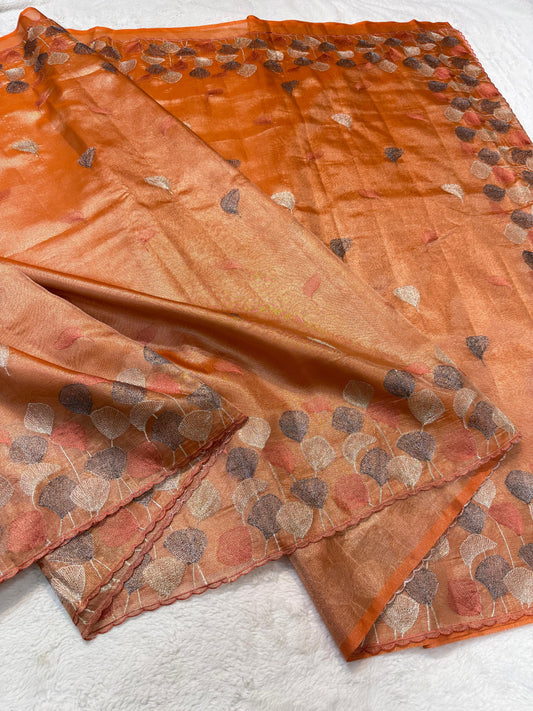 Orange Tissue Designer Embroidery Premium Banarasi Saree