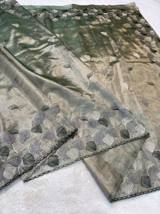 Green Tissue Designer Embroidery Premium Banarasi Saree