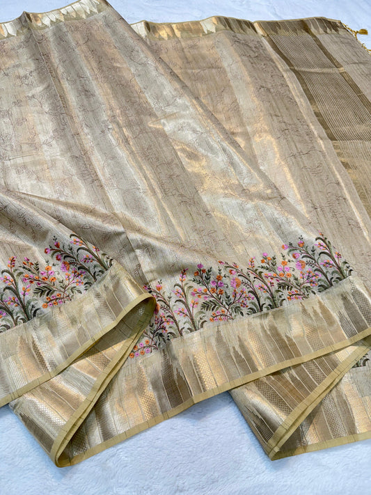 Gold Khadi Designer Embroidery Premium Banarasi Saree