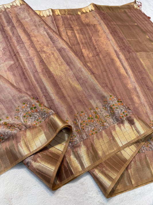 Peach Khadi Designer Embroidery Premium Banarasi Saree