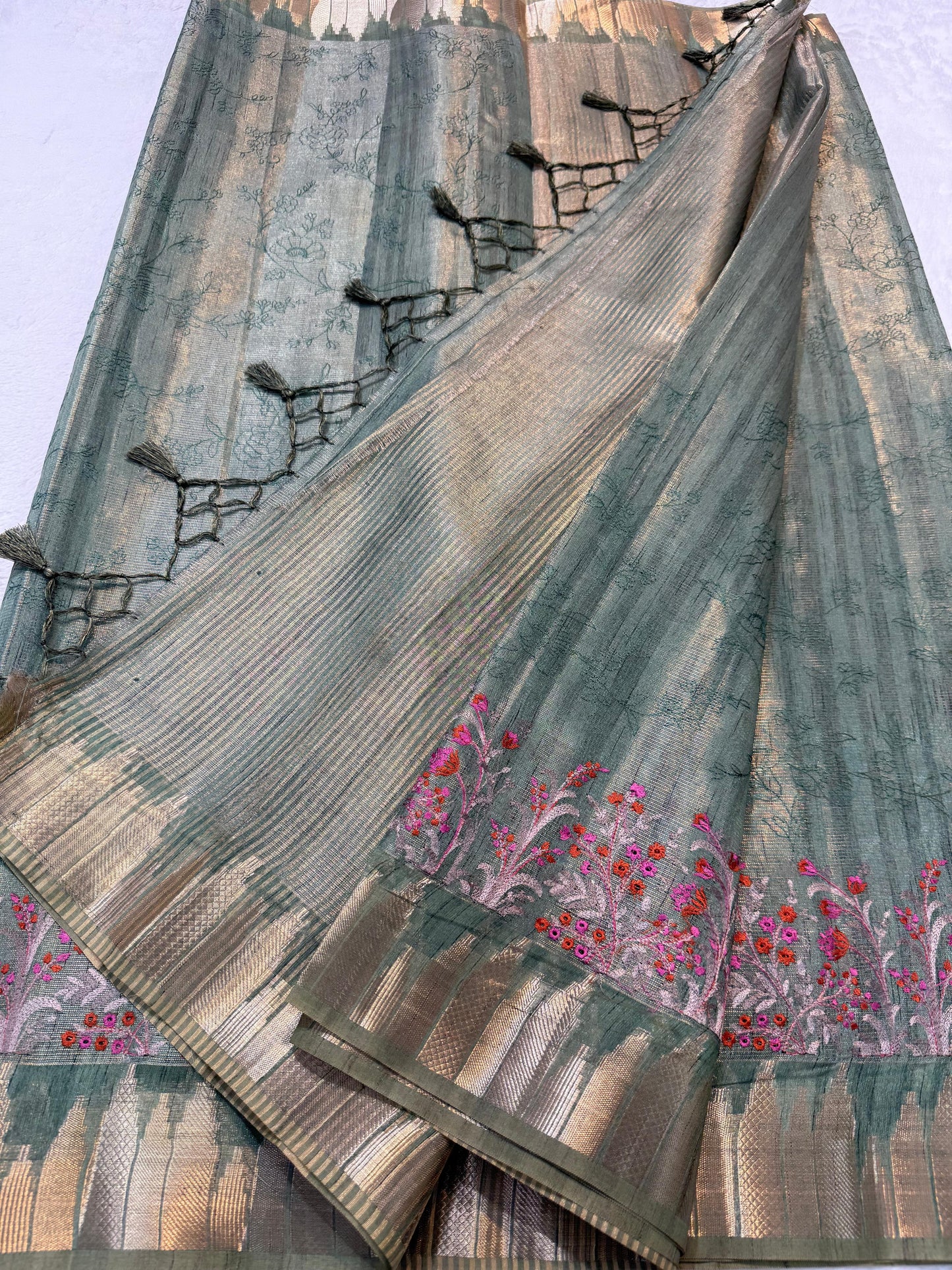 Green Tissue Khadi Designer Embroidery Premium Banarasi Saree