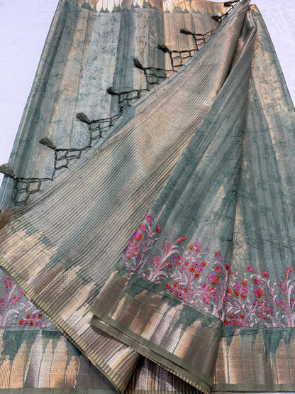 Green Tissue Khadi Designer Embroidery Premium Banarasi Saree
